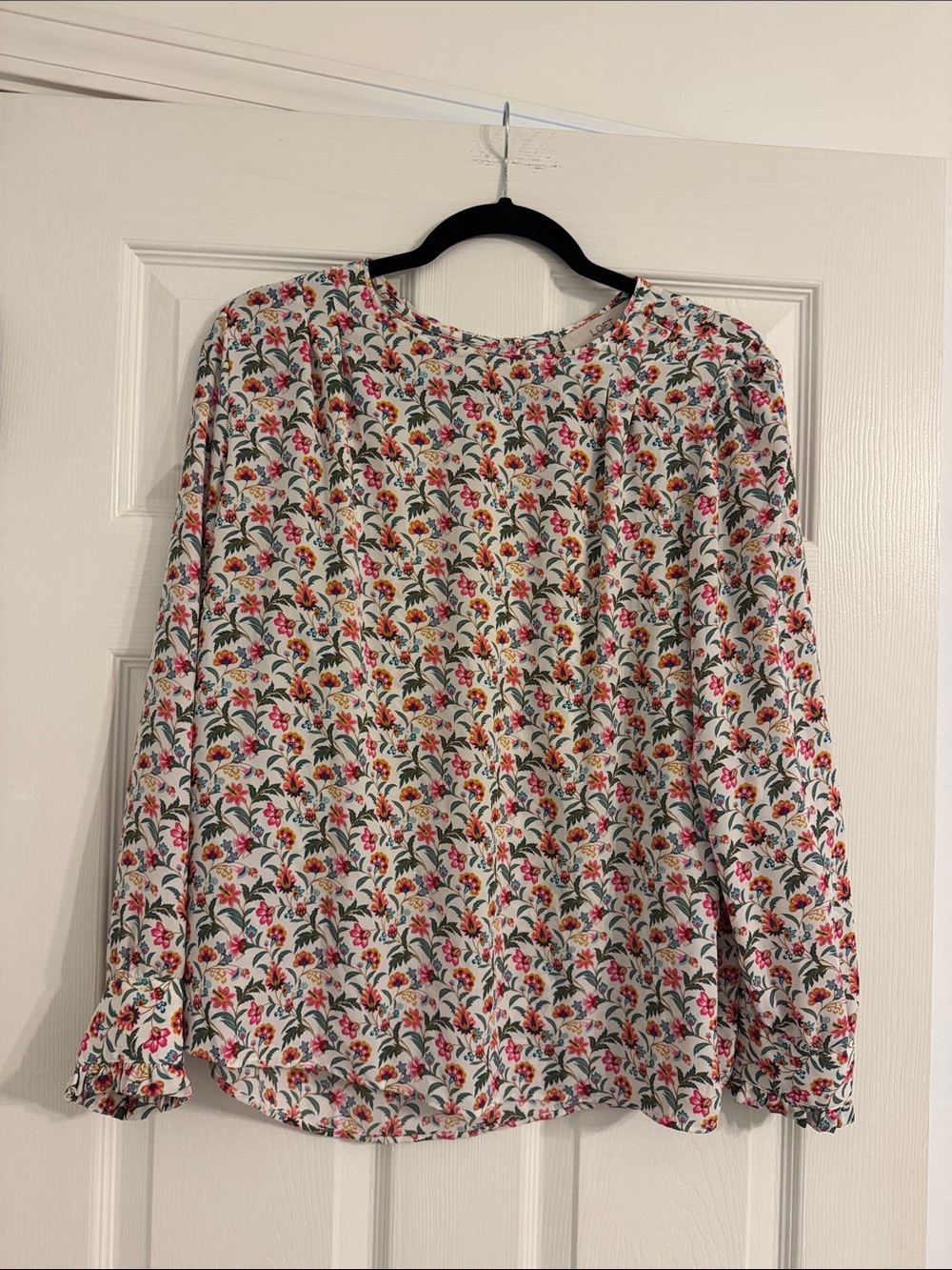 LOFT White Floral Long-Sleeve Blouse with Pink and Green Accents